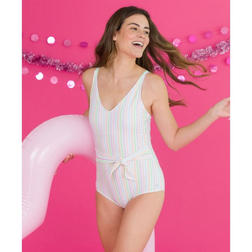 Ruffle Butts Striped Swimsuit one piece modest tie waist size large colorful
